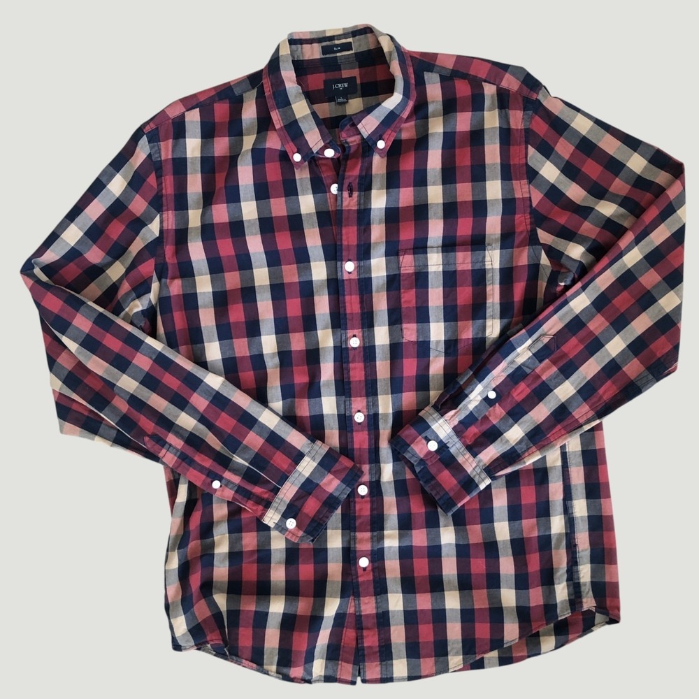 J.CREW Classic Button Men's Button Front Casual Check Cotton Long Sleeve Shirt L